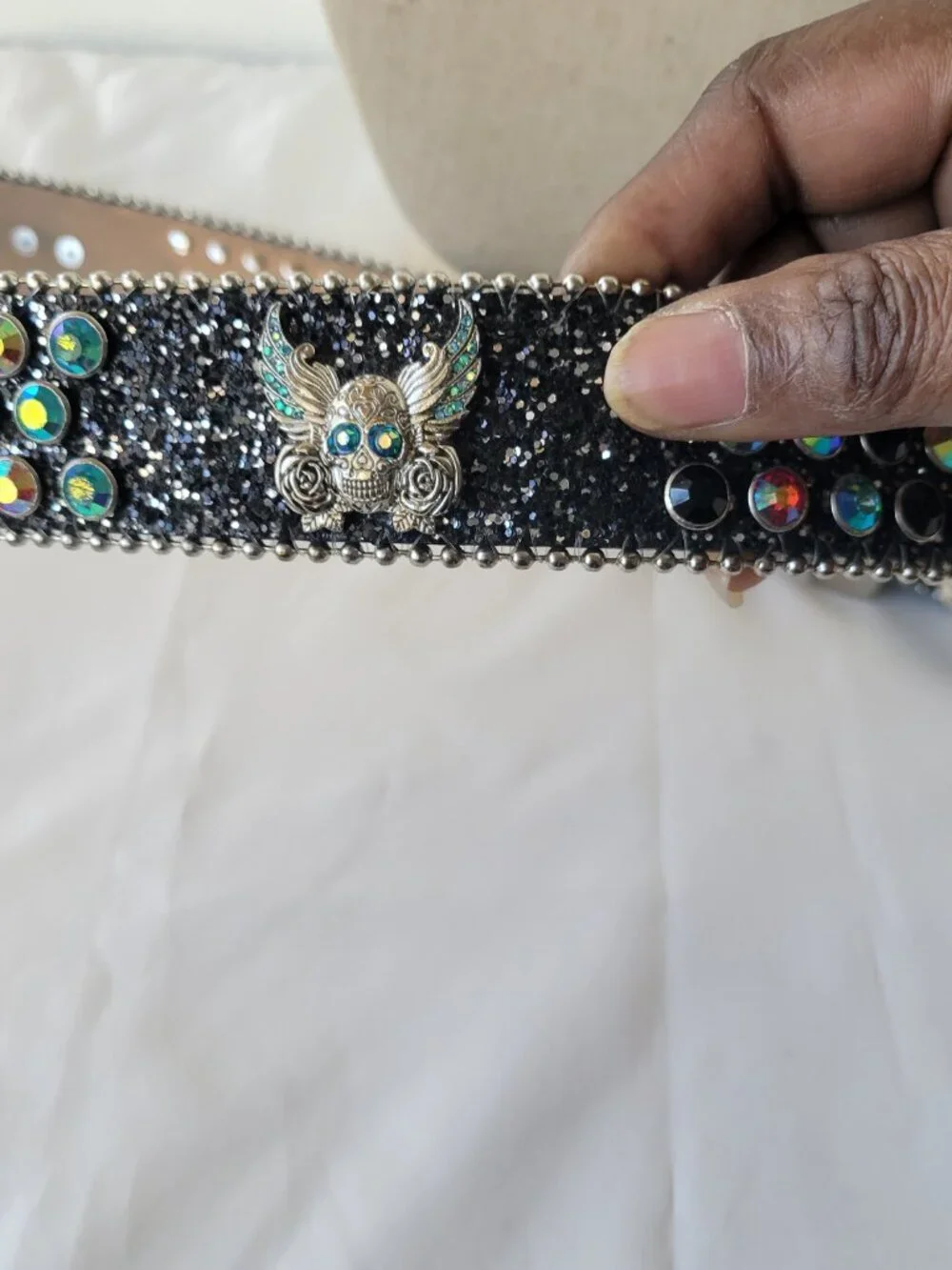 Multi Colored Skull Black Rhinestone Motorcycle Bling Leather Belt